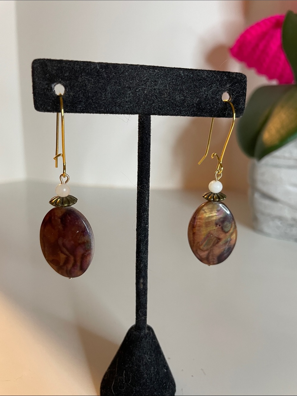 Gold-Hook Brown Marbled Drop Earrings with White Accent Bead